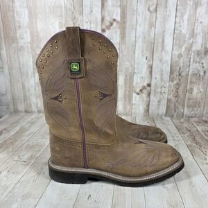 John Deere Western Boots Tan Purple Studded Square Toe Style JD3552